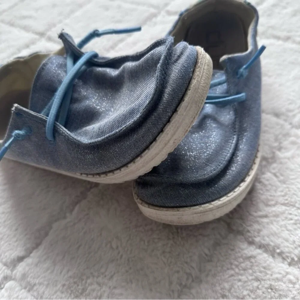 Hey Dude | Blue & Rainbow Wendy Youth Sparkle Denim Shoes | Size Y1-L2